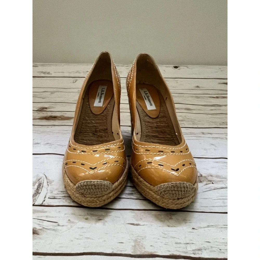 LK Bennett Espadrille Wedges Tan Patent Leather Brogue Detail EU 36 US 6